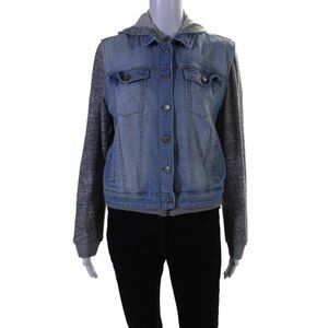 Brooklyn Karma Womens Full Zipper Hooded Jean Jacket Blue Grey Size Medium